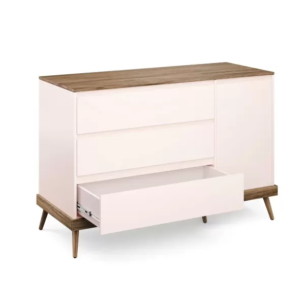 Encontraproduto.com.br - Cômoda Infantil Retrô 3 Gavetas 1 Porta Canção De Ninar Divicar Móveis Rosa Com Amêndola Rústica