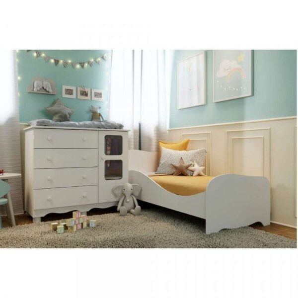 Conjunto Quarto Infantil com Cômoda 4 Gavetas e Mini Cama com Proteção Lateral Uli Espresso Móveis Branco