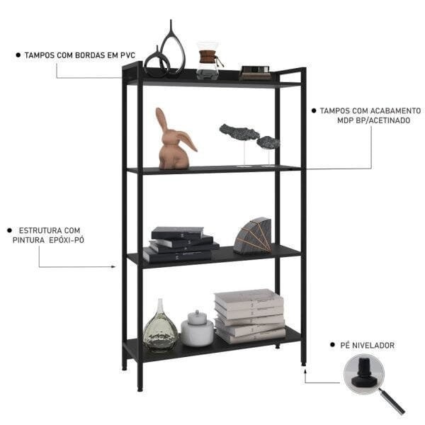 Encontraproduto.com.br - Estante para Livros Industrial Aço Multiuso 4 Prateleiras 146x80cm Active Yescasa Preto Onix