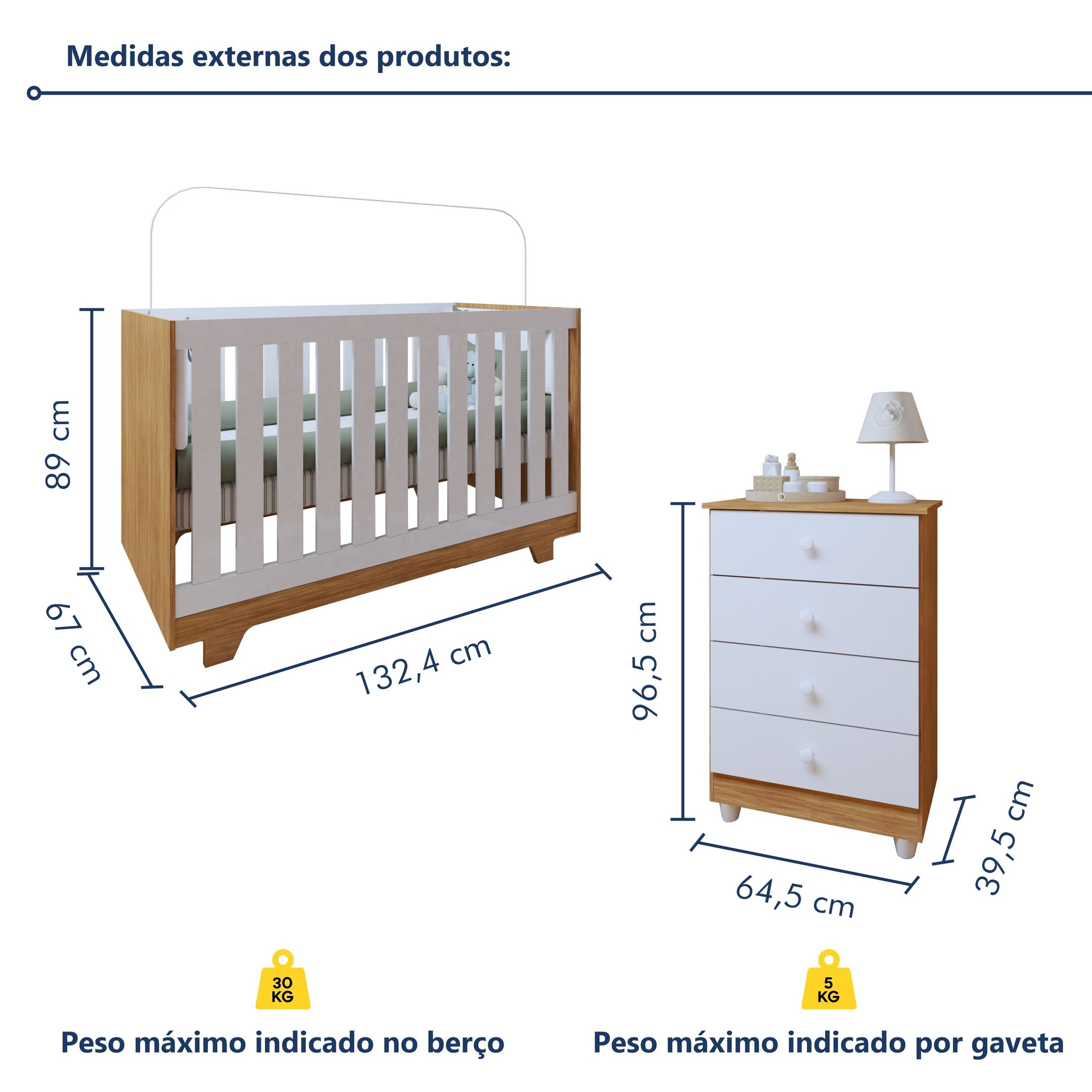 Encontraproduto.com.br - Quarto de Bebê 100% MDF com Berço Mini Cama Life e Cômoda Soft Life Branco/Madeirado Ypê