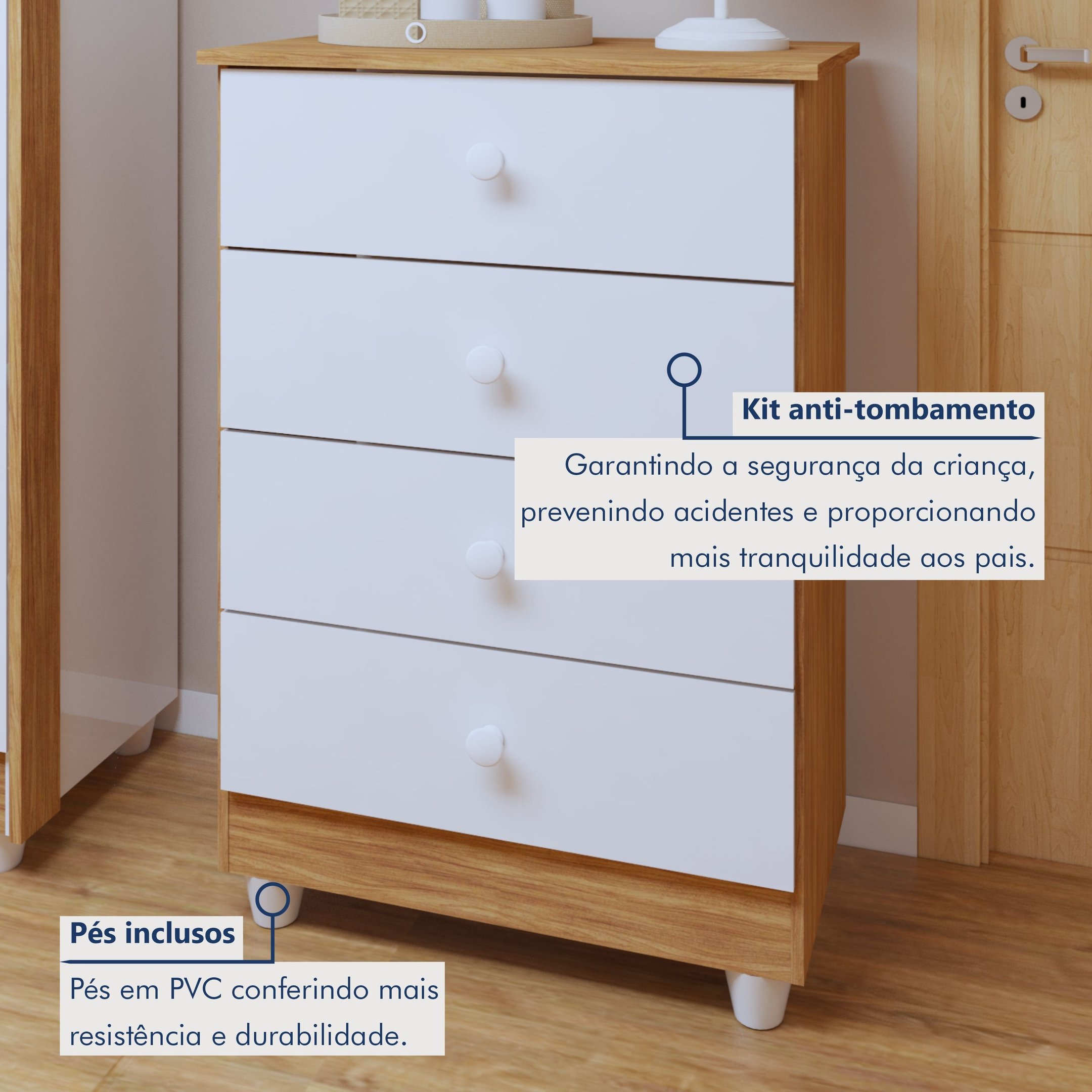 Encontraproduto.com.br - Quarto de Bebê 100% MDF com Berço Mini Cama Life e Cômoda Soft Life Branco/Madeirado Ypê