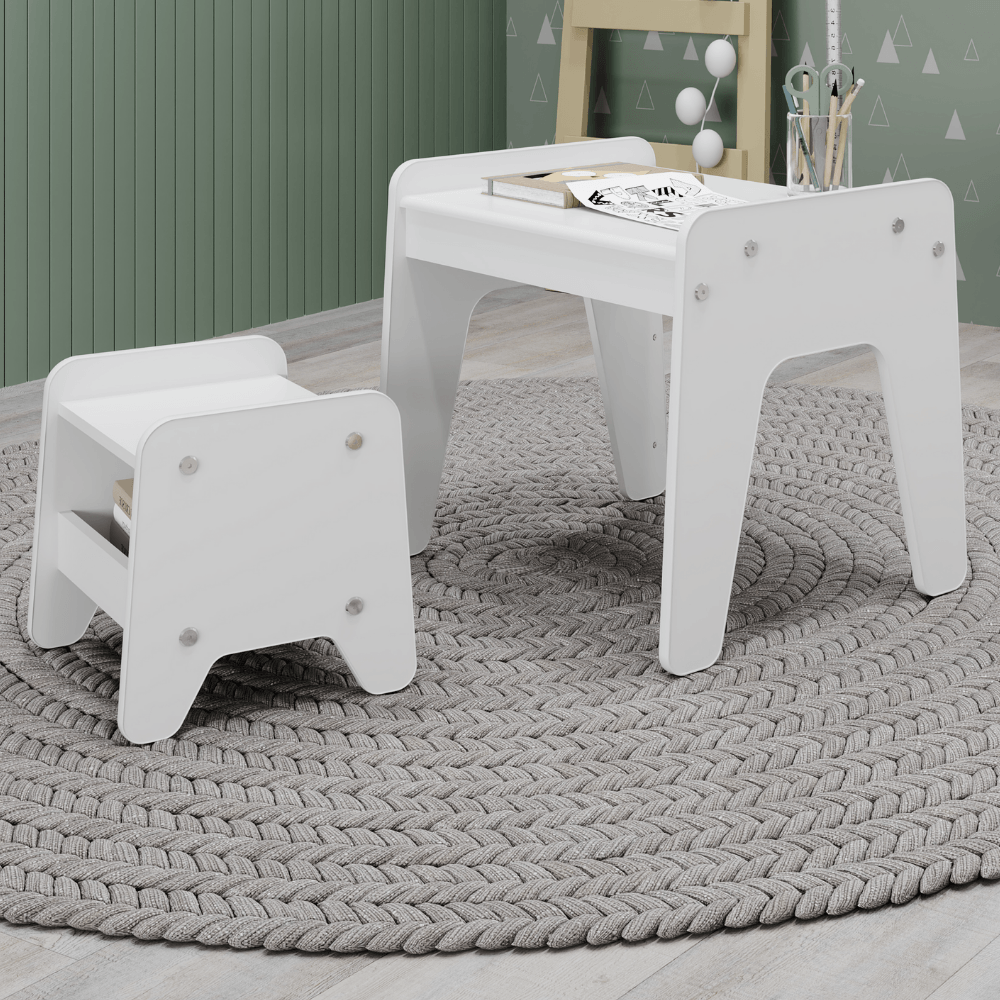 Conjunto Mesa e Banquinho Infantil Montessori MovelBras Branco
