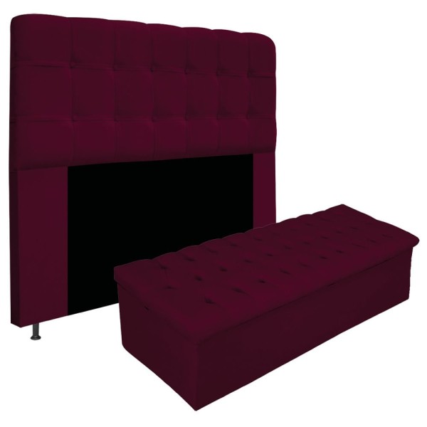 Encontraproduto.com.br - Kit Cabeceira e Calçadeira Baú Estofada Mel 195 cm King Size Com Capitonê Suede Bordô - ADJ Decor