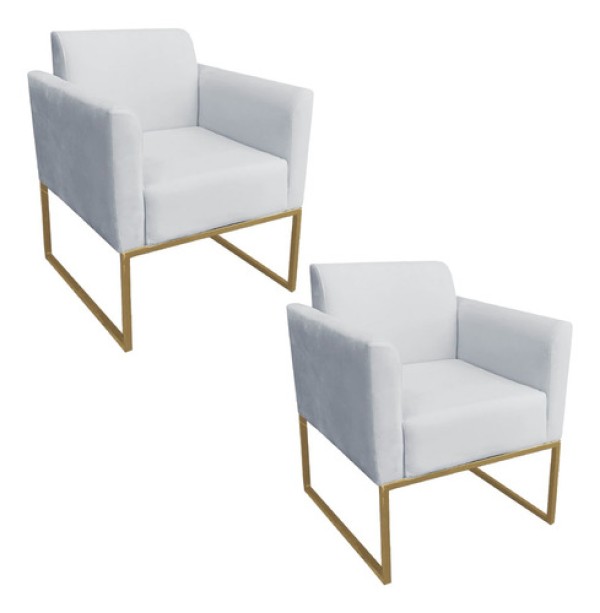 Kit 2 Poltronas Decorativas Base Industrial Dourada Maressa S10 Suede Cinza - Ibiza