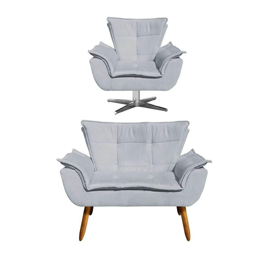 Kit Namoradeira 2 Lugares E 1 Poltrona Decorativa Giratória Cromada Opla Suede Cinza - Ibiza
