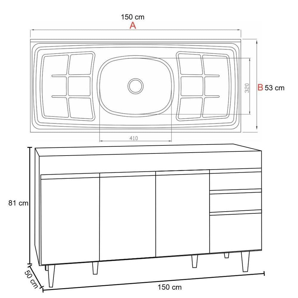 Encontraproduto.com.br - Balcão Gabinete Com Pia Inox 150cm Marrocos - Lumil Móveis