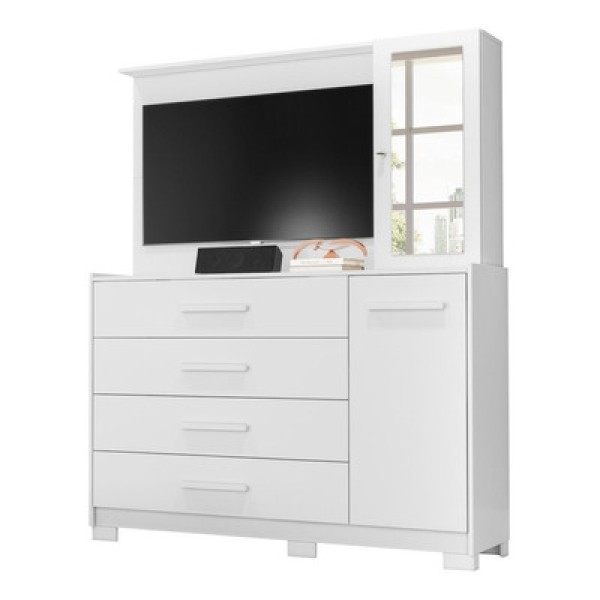 Encontraproduto.com.br - Cômoda Sapateira Com Painel Para Tv 4 Gavetas Azaléia A02 Branco Fosco