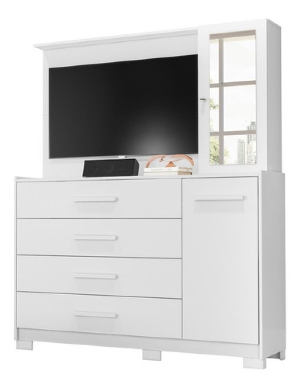 Encontraproduto.com.br - Cômoda Sapateira Com Painel Para Tv 4 Gavetas Azaléia A02 Branco Fosco