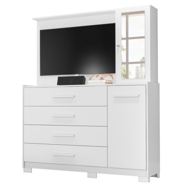 Encontraproduto.com.br - Cômoda Sapateira Com Painel Para Tv 4 Gavetas Azaléia A02 Branco Fosco