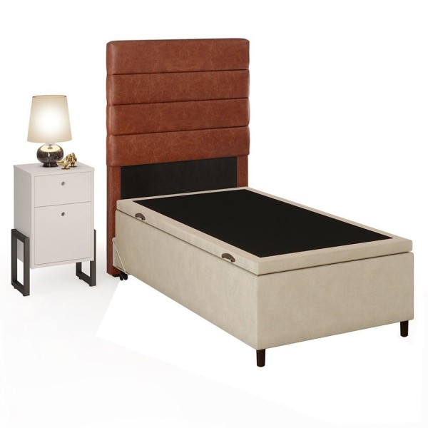 Encontraproduto.com.br - Cabeceira com Base Box Baú Solteiro 88cm e Mesa de Apoio Hit DIF5 Couríssimo Camel/Bege - Mpozenato