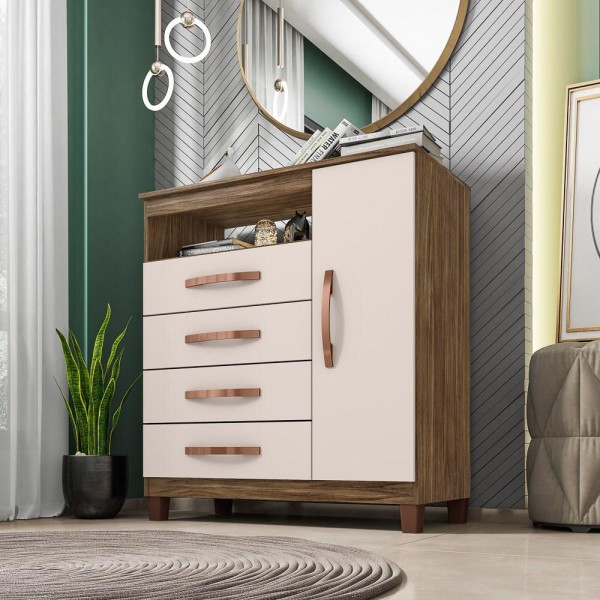 Encontraproduto.com.br - Cômoda Sapateira 1 Porta E 4 Gavetas Cannes I03 Teka/Champagne - Mpozenato