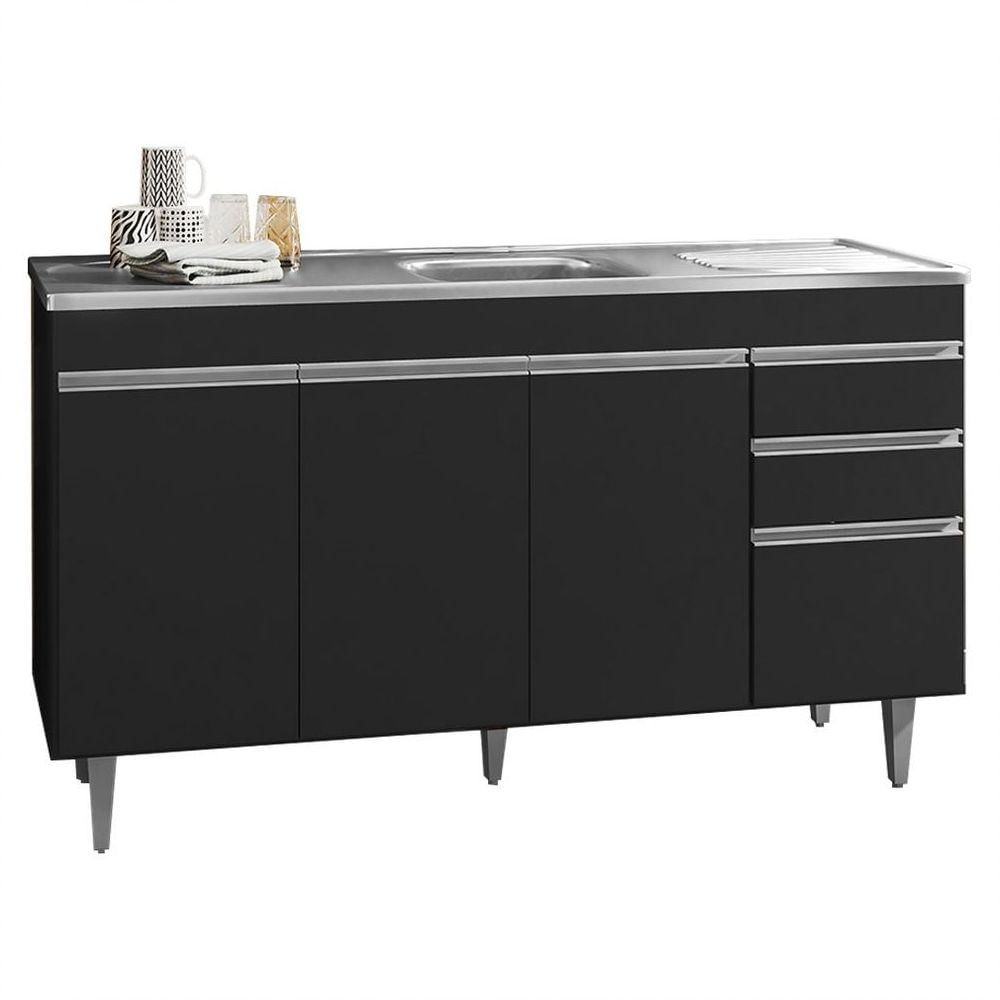 Encontraproduto.com.br - Balcão Gabinete Com Pia Inox 150cm 3 Portas 3 Gavetas Andréia Preto Total