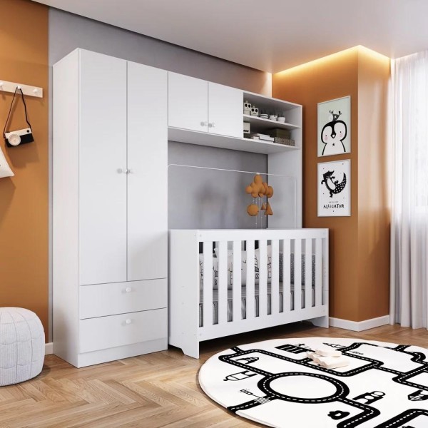 Quarto de Bebê Guarda Roupa e Berço 3 em 1 com Colchão Inmetro LA031 Branco - Completa Móveis