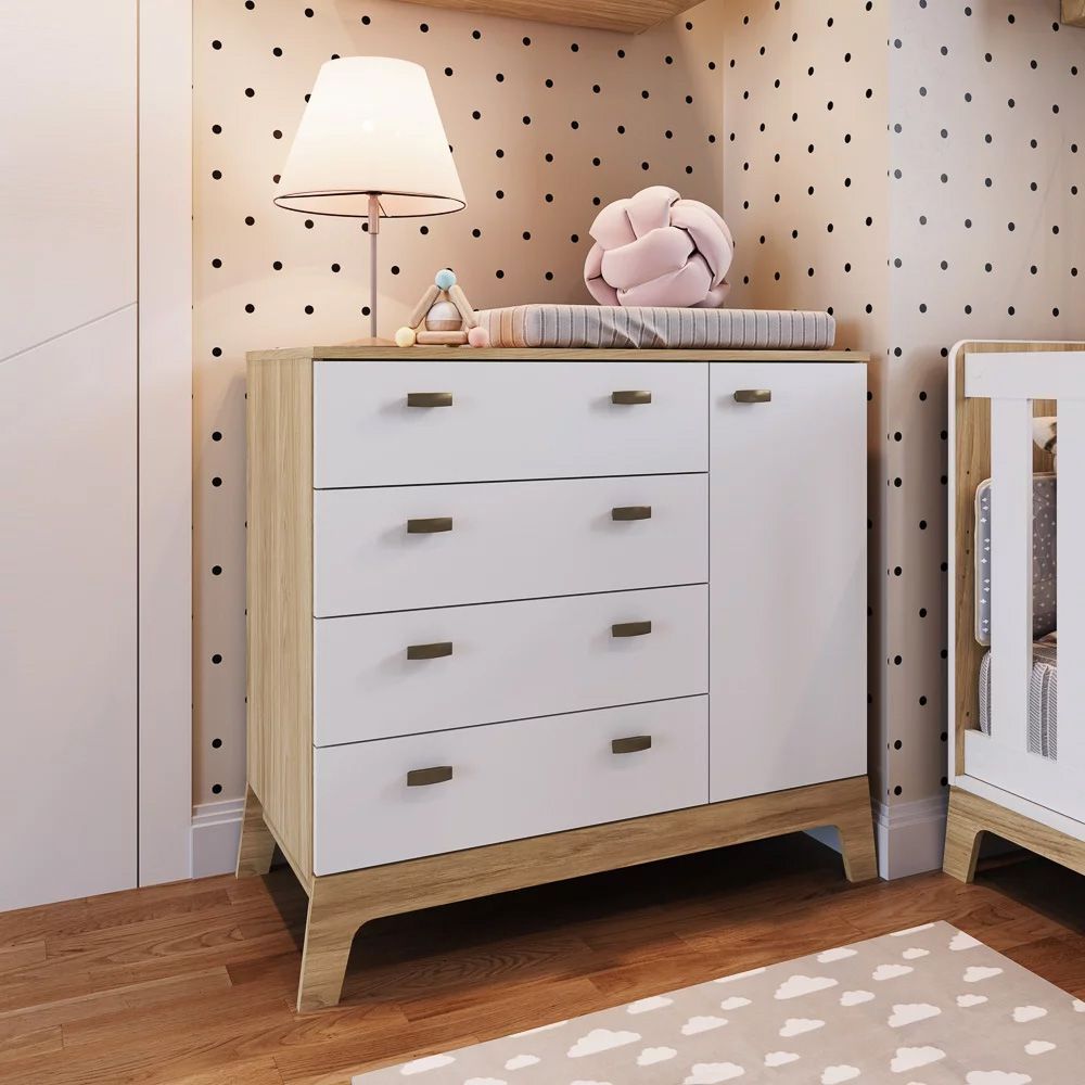 Encontraproduto.com.br - Cômoda Infantil 1 Porta 4 Gavetas 93cm Favo De Mel 004 Itapuã/branco - Completa Móveis