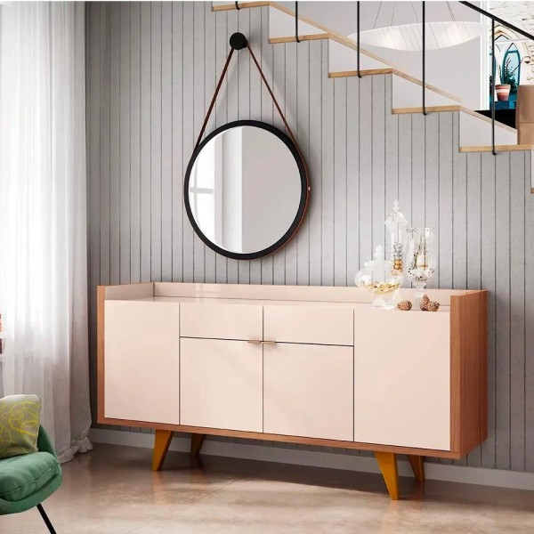 Encontraproduto.com.br - Balcão Buffet Sinfonia 4 Portas Com Espelho Redondo H01 Off White/Nature - Mpozenato