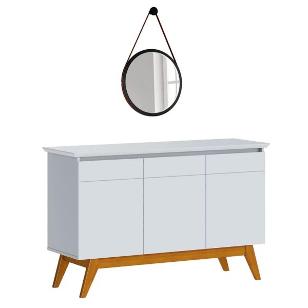 Balcão Buffet 3 Portas Classic Com Espelho Adnet HI01 Branco Acetinado - Mpozenato