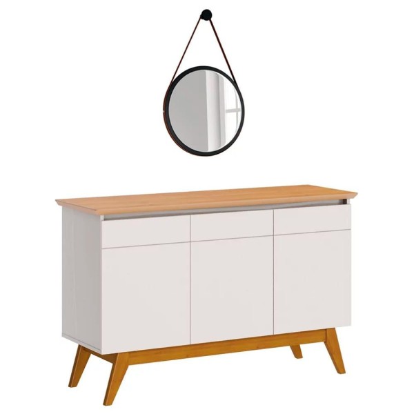 Encontraproduto.com.br - Balcão Buffet 3 Portas Classic Com Espelho Adnet 67cm HI01 Off White/Nature - Mpozenato