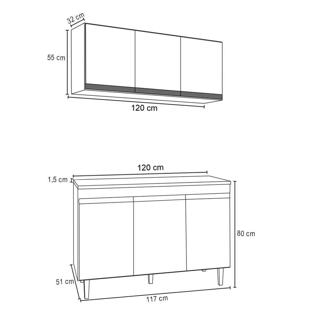 Encontraproduto.com.br - Armário e Balcão Gabinete Para Pia 120cm com Tampo 3 Portas Manu Branco - AJL Móveis