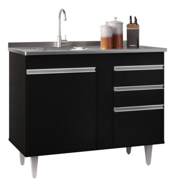 Encontraproduto.com.br - Balcão Gabinete 100cm Sem Tampo 3 Portas 2 Gavetas Luziania Preto - Lumil Móveis