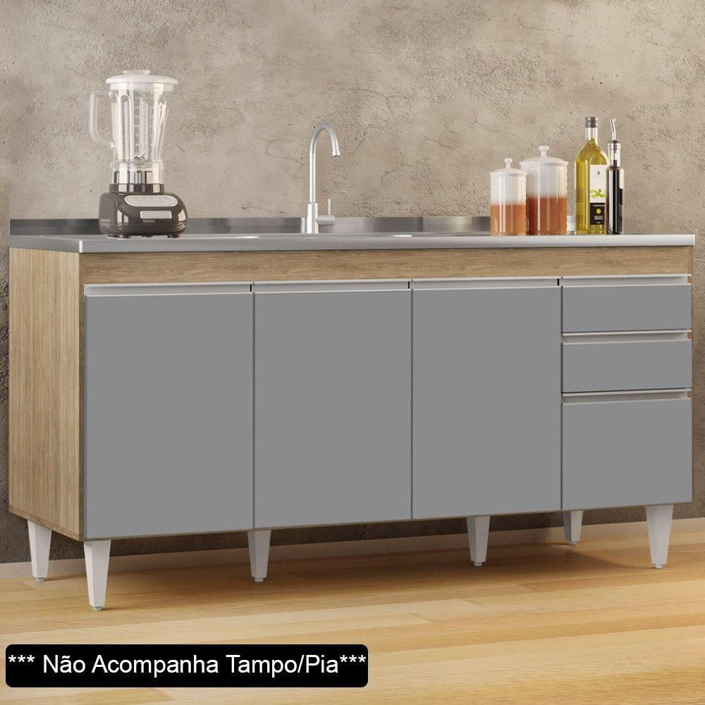 Encontraproduto.com.br - Balcão Gabinete 160cm Sem Tampo 4 Portas 2 Gavetas Arkansas Castanho/Cinza - Lumil Móveis
