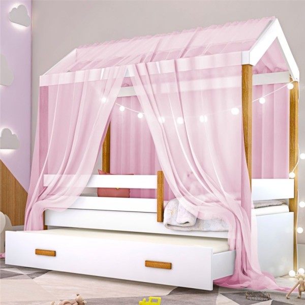 Bicama Montessori Exclusiv Solteiro Fio De Luz E Voal Rosa