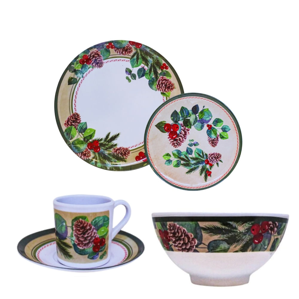 Aparelho de Jantar e Café 30 Peças Natalino Pinha Berries Melamina Saldão (Material Sintético)