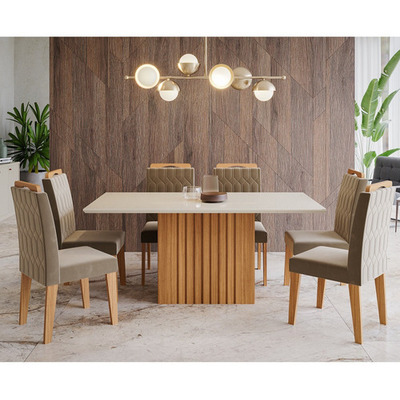 Conjunto Sala De Jantar180x90 Tampo Mdf/vidro 6 Cadeiras Paola Cimol Nature/off White/joli