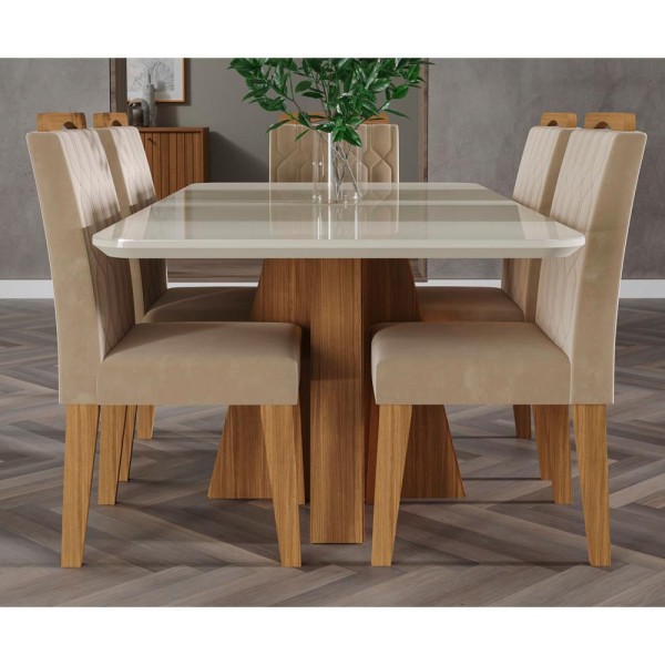 Sala De Jantar Completa Maitê Canto Reto 160cm + 6 Cadeiras Paola Nature-ow-nude Cimol