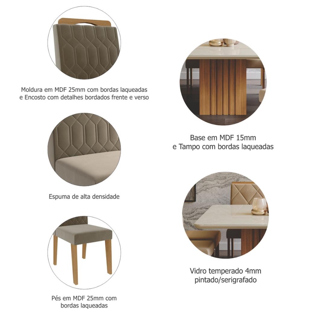Conjunto Sala De Jantar130x130 Tampo Mdf/vidro 8 Cadeiras Paola Cimol Nature/off White/joli