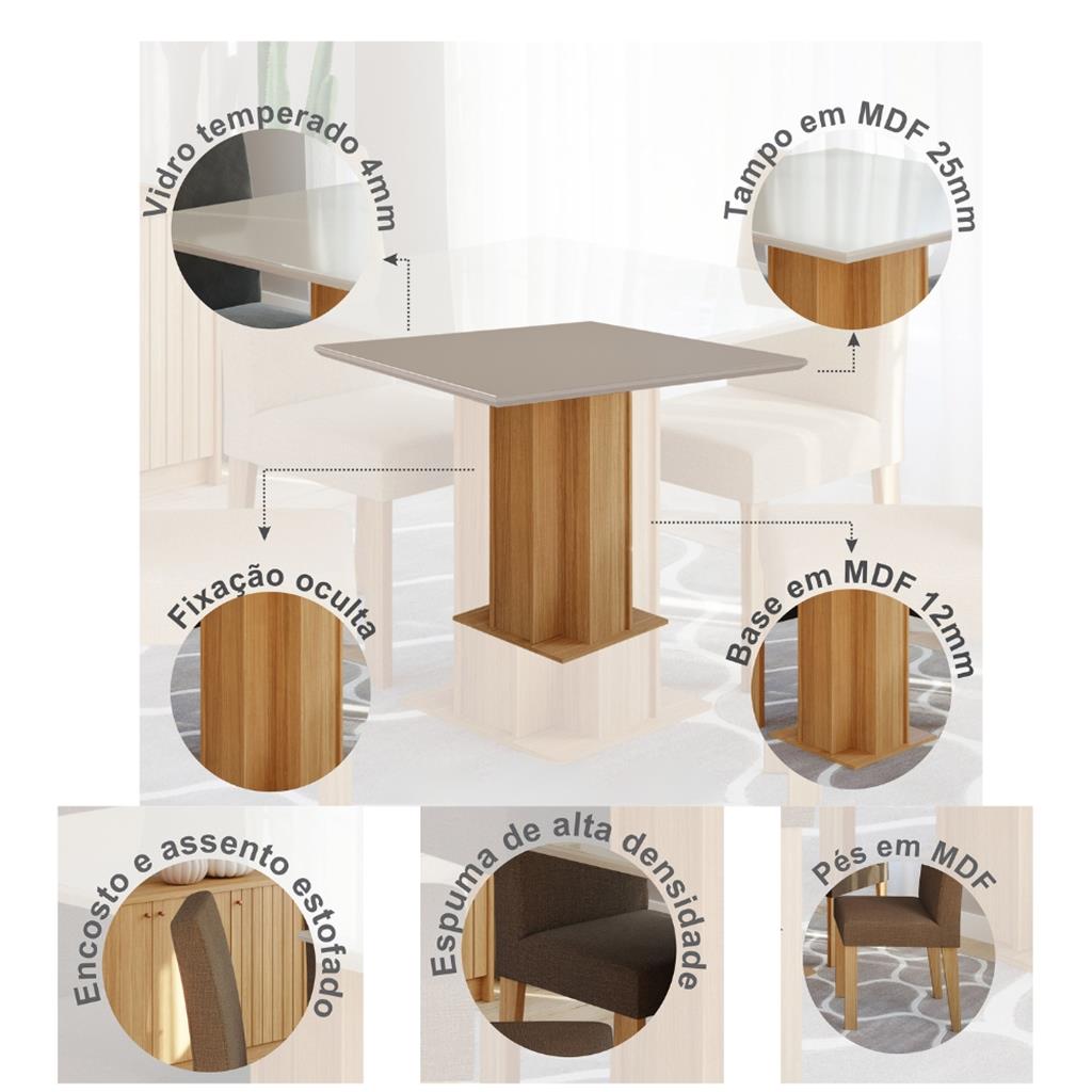Conjunto Sala De Jantar Sophia 95X95 Tampo MDF/Vidro 4 Cadeiras Maia Cimol Nature/Offwhite/Mascavo