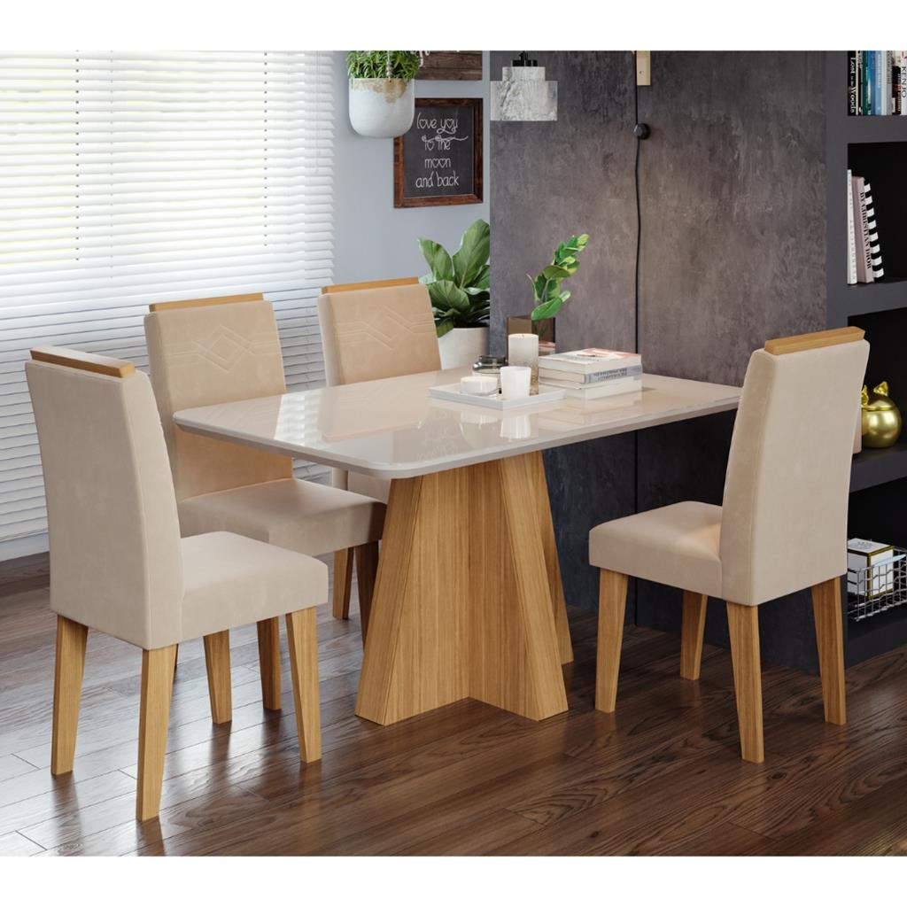 Conjunto Sala De Jantar Maite 130x80 Tampo Mdf/vidro 4 Cadeiras C/moldura Cimol Nature/offwhite/nude