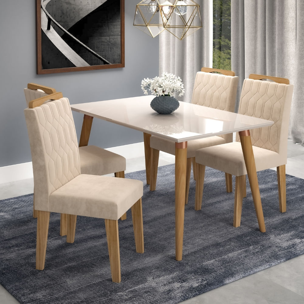 Conjunto Sala De Jantar 130x80 Tampo Em Mdf/vidro 4 Cadeiras Cimol Madeira/off White/nature/nude