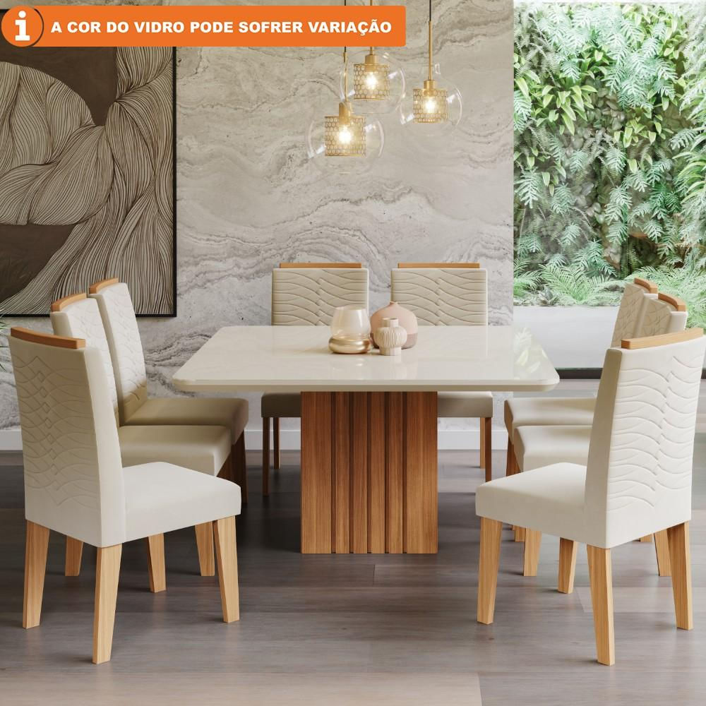 Conjunto Sala de Jantar Ana 130X130 Tampo MDF/Vidro 8 Cadeiras Clarice Cimol Nature Off White Nude