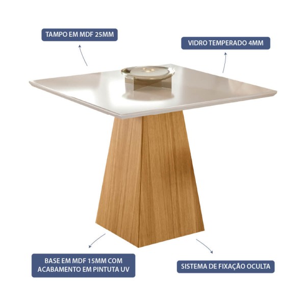 Encontraproduto.com.br - Mesa Cimol Sabrine 95x95cm com Tampo de Vidro - Nature/Off White