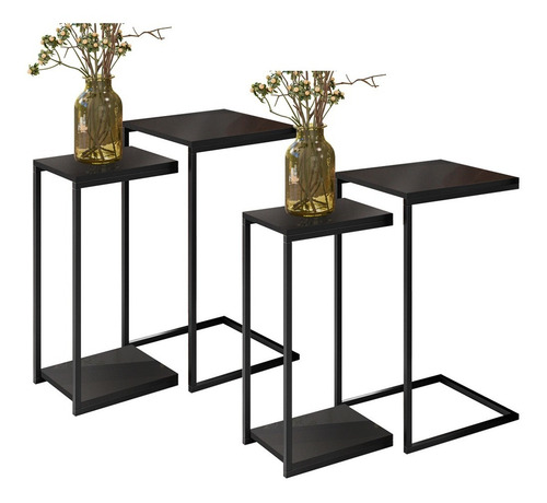 2 Conjunto Mesas Laterais Decorativa Industrial Design Preto