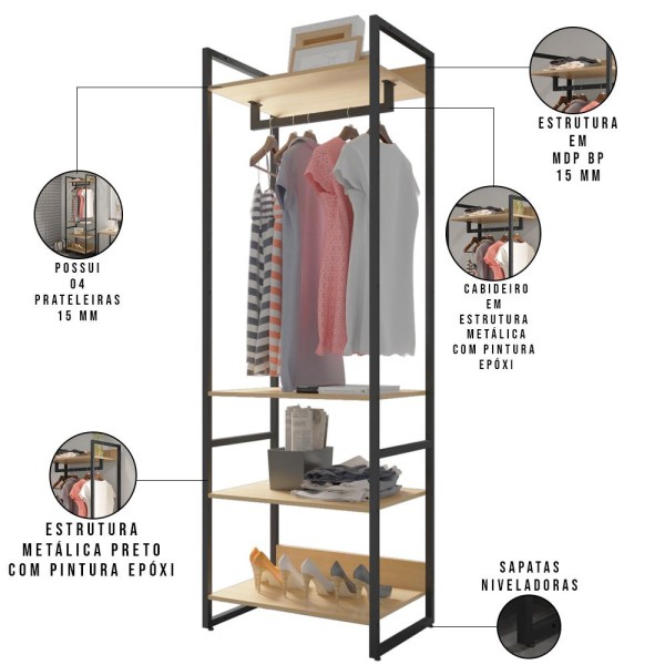 Encontraproduto.com.br - Kit 4 Closets Guarda Roupa 4 Gavetas 210x70 Cm Nature
