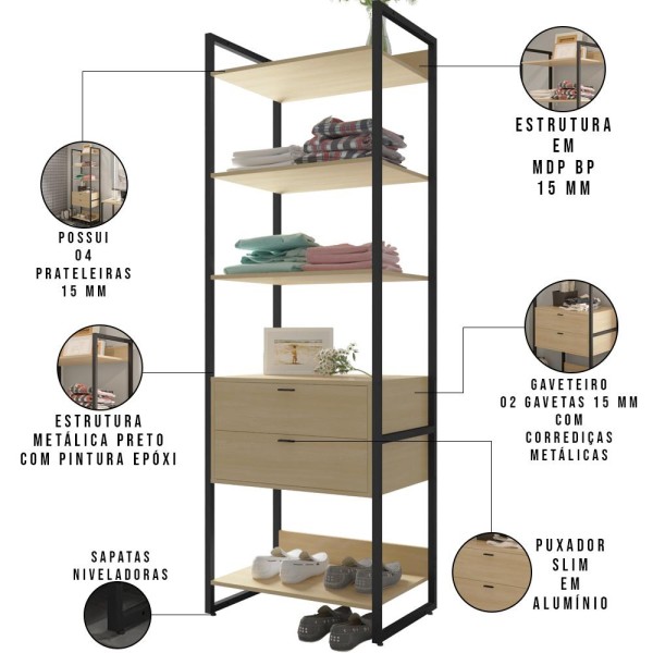 Encontraproduto.com.br - Kit 4 Closets Guarda Roupa 4 Gavetas 210x70 Cm Nature