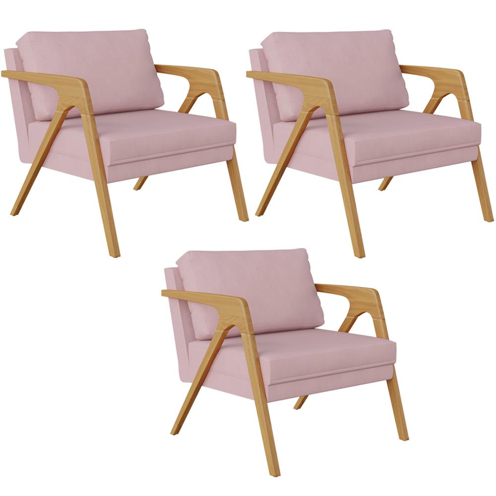 Kit 03 Poltronas Pietra Estrutura De Madeira L02 Suede Rosê