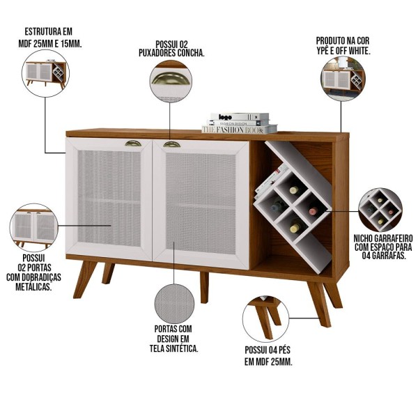 Encontraproduto.com.br - Balcão Buffet 2 Portas Com Nicho Adega Ypê Off White
