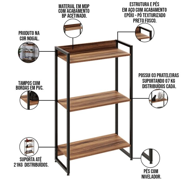 Encontraproduto.com.br - Kit Escritório Estante 3 Prateleiras Com Mesa 150Cm Nogal