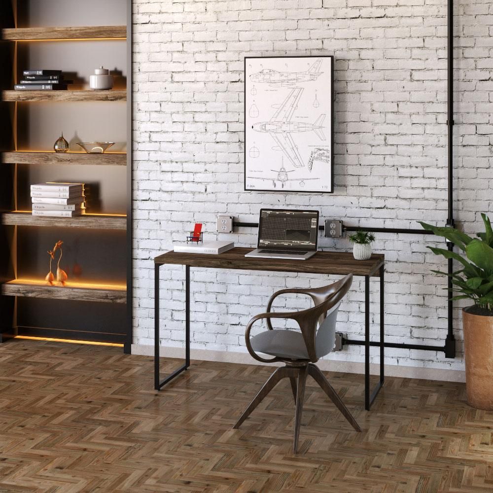 Encontraproduto.com.br - Kit Estante Areta 5 Prateleiras com Mesa Industrial Aspen 120cm C01 Carvalho Dark - Lyam Decor