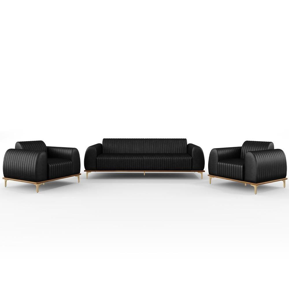 Kit Sofá 3 Lugares 180cm Com 2 Poltronas Molino Pés Douro D02 Couríssimo Preto B-159 - Lyam Decor