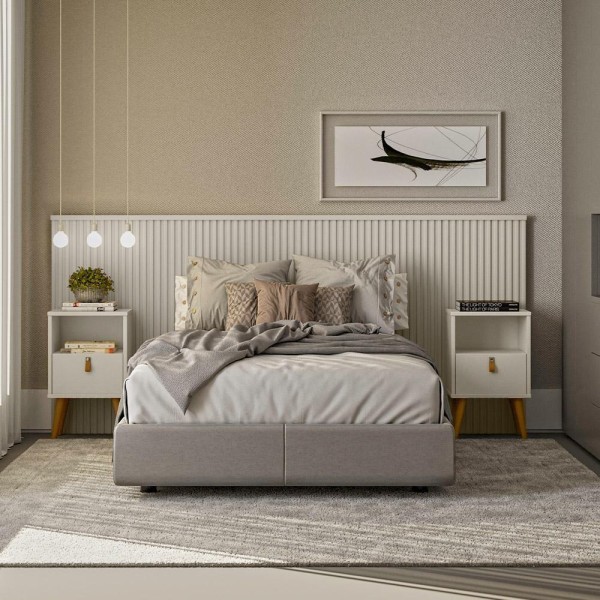 Encontraproduto.com.br - Kit Cabeceira Casal 240cm Celine Com Mesa De Cabeceira 01 Gaveta Loreta L05 Off White - Lyam Decor