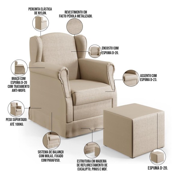 Encontraproduto.com.br - Poltrona De Amamentação Com Balanço E Puff Elisa P02 Facto Pérola Metalizado - Lyam Decor