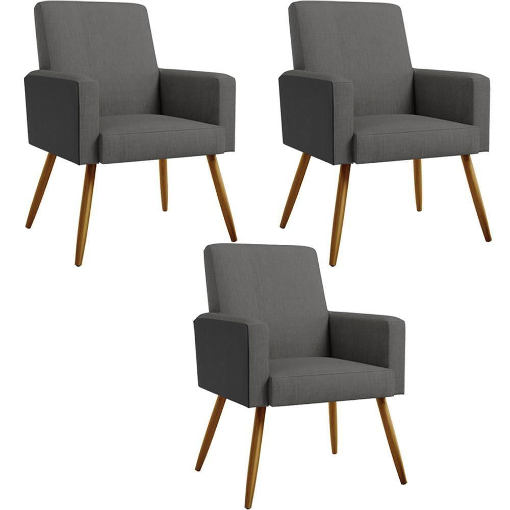 Kit 03 Poltronas Pés Palito Cinza Escuro Couríssimo Preto
