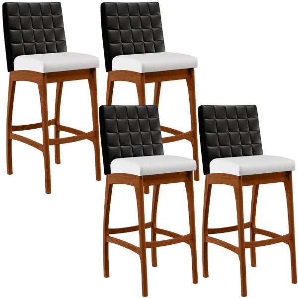 Kit 04 Banquetas Altas Cozinha Sala Jantar Fixa Mila L02 Couríssimo Preto Corano Branco - Lyam Decor