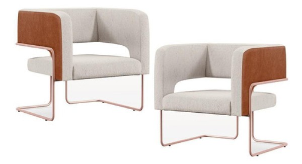 Kit 2 Poltronas Scarlett D02 Base Aço New Cobre Courissímo Camel B-14 Linho Cru C-443 - Lyam Decor