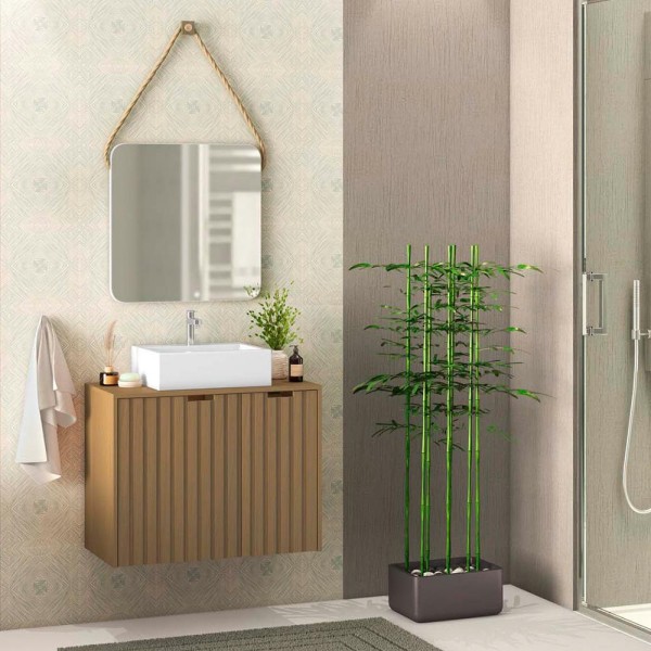 Encontraproduto.com.br - Espelho Para Banheiro 60 cm Quadrado Com Corda Nice B06 Nogal Noce Amêndoa - Lyam Decor