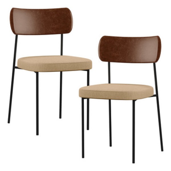 Encontraproduto.com.br - Kit 02 Cadeiras Estofadas Para Sala De Jantar Melina L02 Couríssimo Marrom Linho Bege Escuro - Lyam Decor