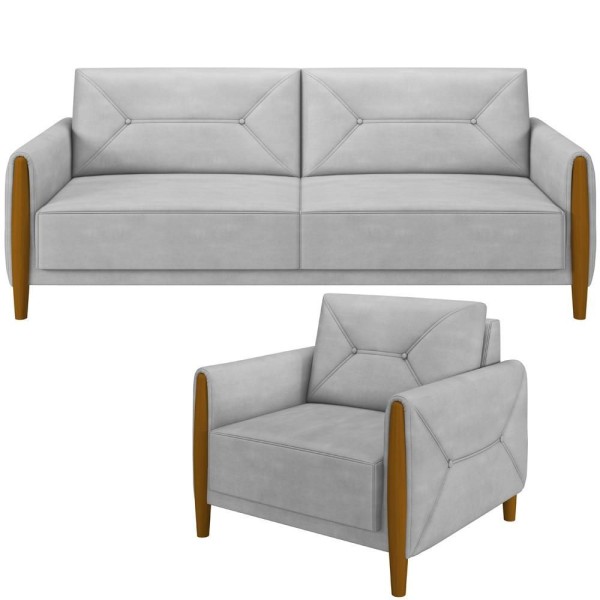 Kit Sofá 02 Lugares 165Cm Com Poltrona Berilo M03 Cinza